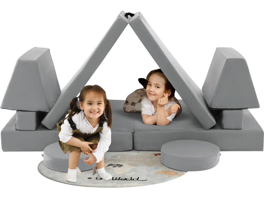 10-piece gray kids play couch set with two children, promoting creativity and imagination in a fun playroom setting.