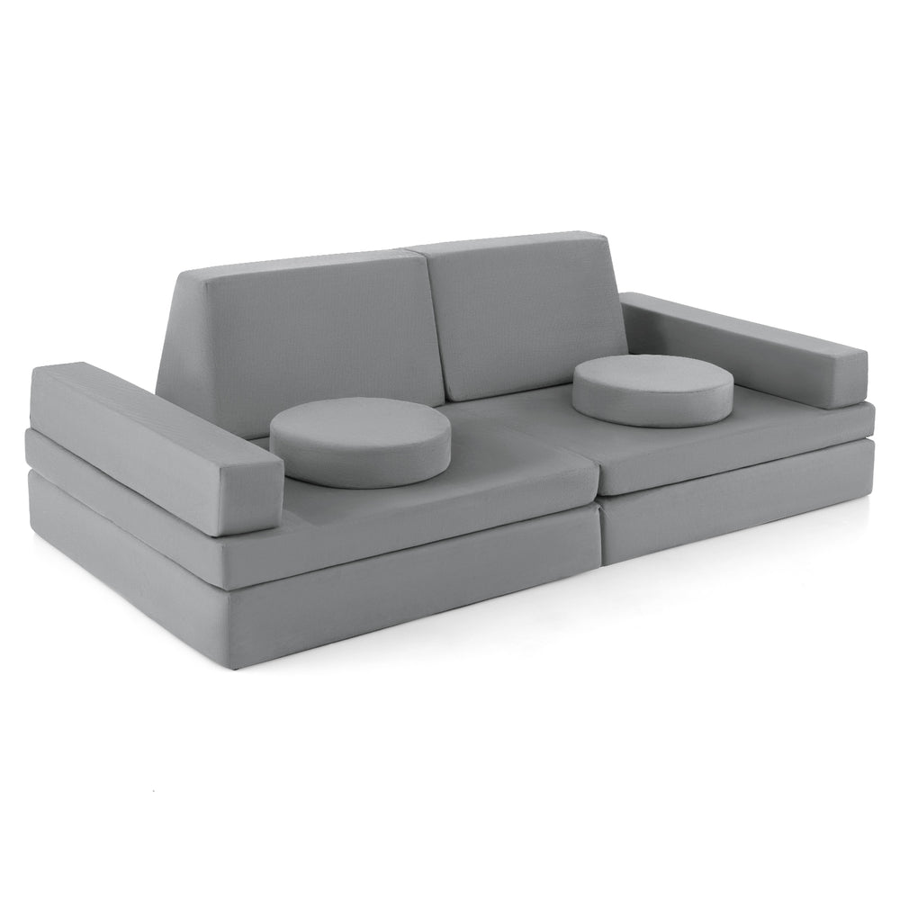Gray 10-piece kids modular play couch with round cushions, designed for creativity and easy cleaning.