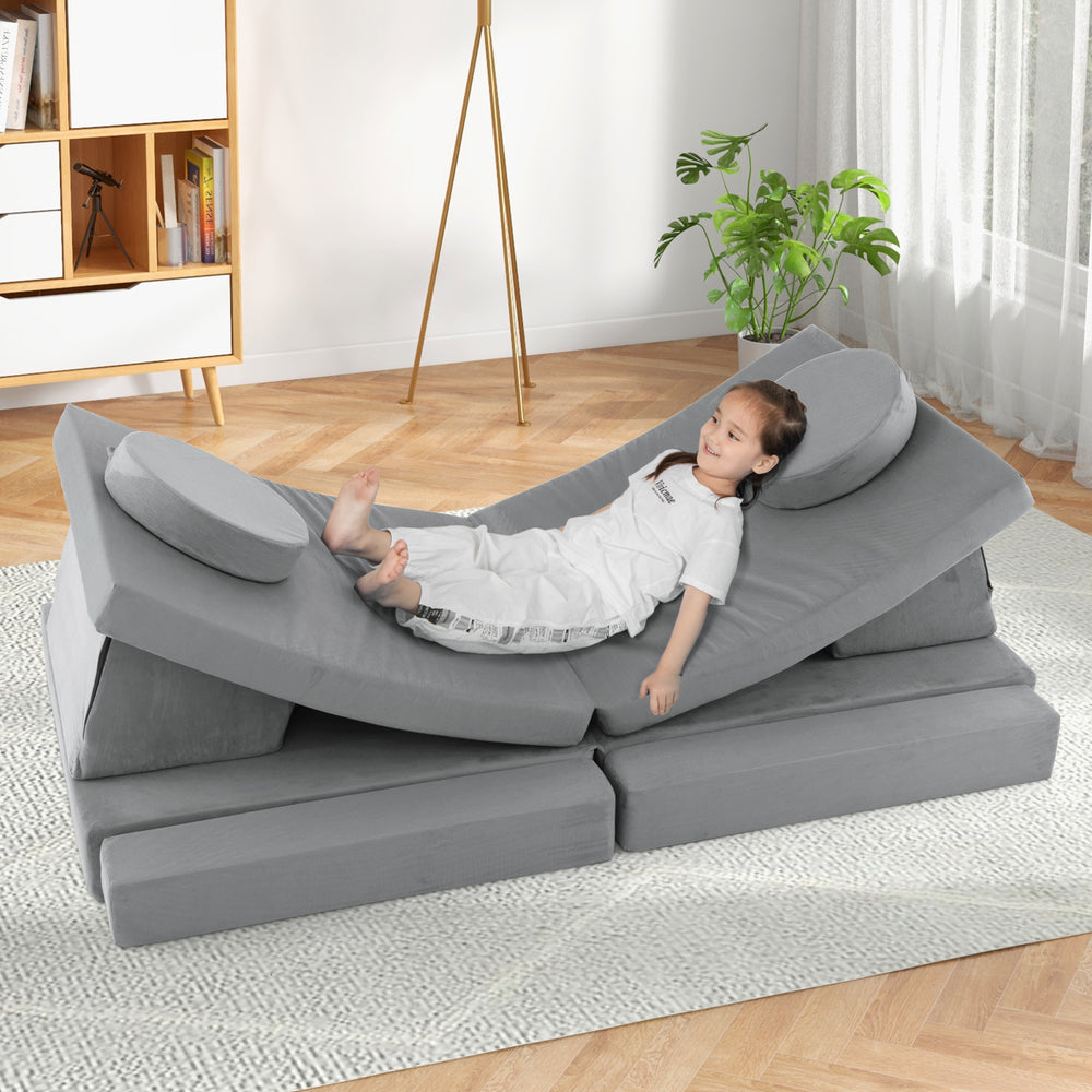 Kids modular play couch set in gray, featuring 10 pieces for creative combinations and easy portability with a handle.