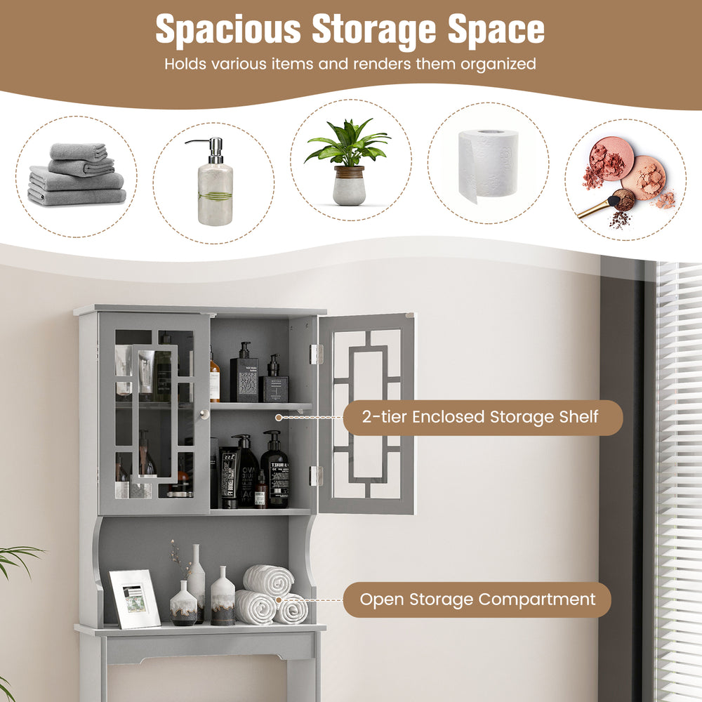 Bathroom spacesaver organizer in gray with enclosed cabinet and open shelf, ideal for maximizing small bathroom storage.