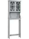 Bathroom spacesaver organizer in gray with adjustable shelf, featuring a hidden cabinet and modern design for small.