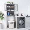 Gray bathroom spacesaver organizer with adjustable shelf, featuring a hidden cabinet and open storage for toiletries.