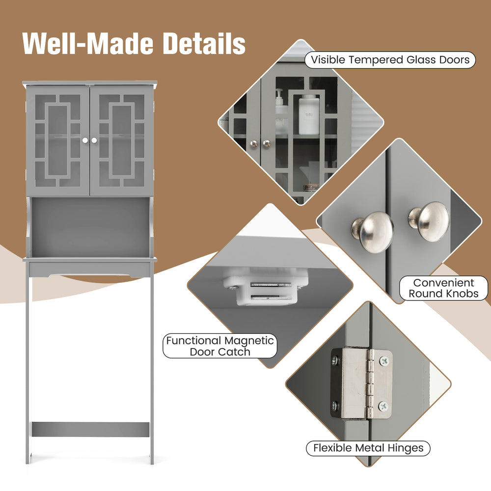 Bathroom spacesaver organizer in gray with tempered glass doors, adjustable shelf, and functional magnetic door catch.