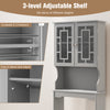 Adjustable gray bathroom spacesaver organizer with hidden cabinet and open shelf for efficient storage above toilets.