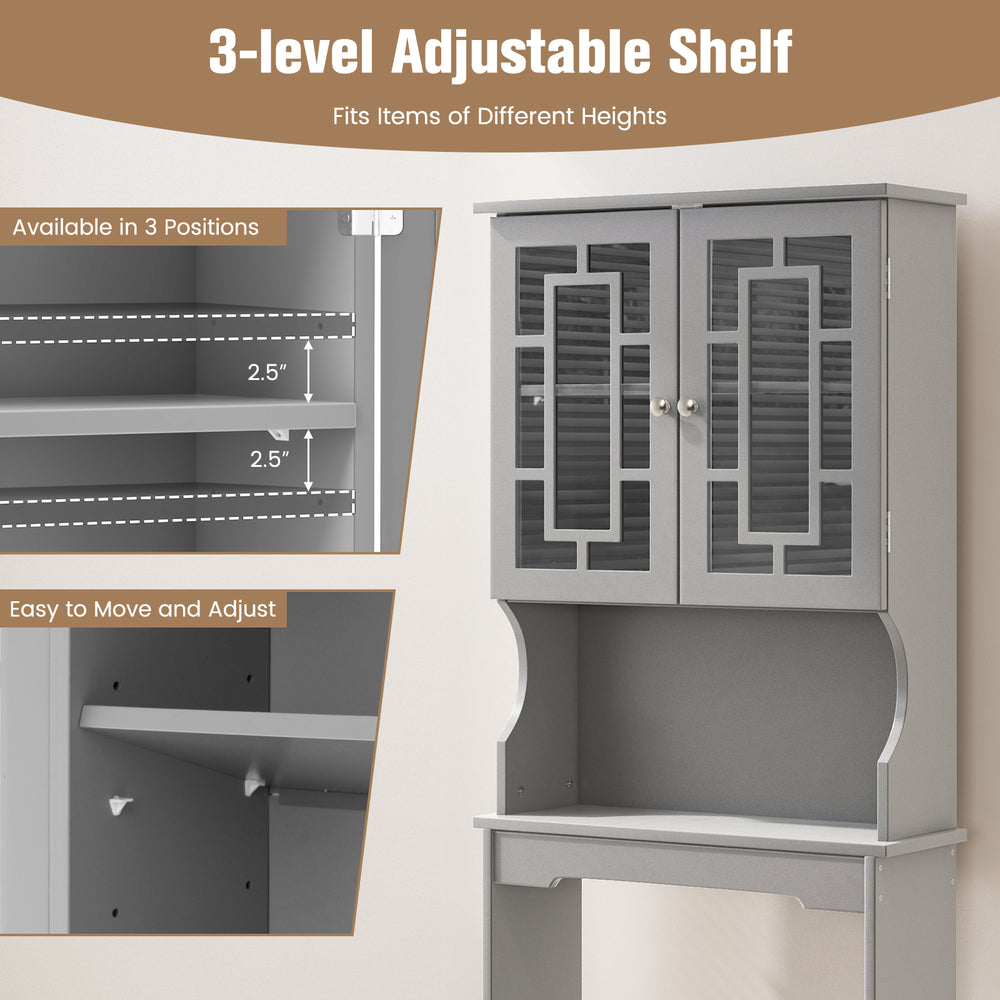 Adjustable gray bathroom spacesaver organizer with hidden cabinet and open shelf for efficient storage above toilets.