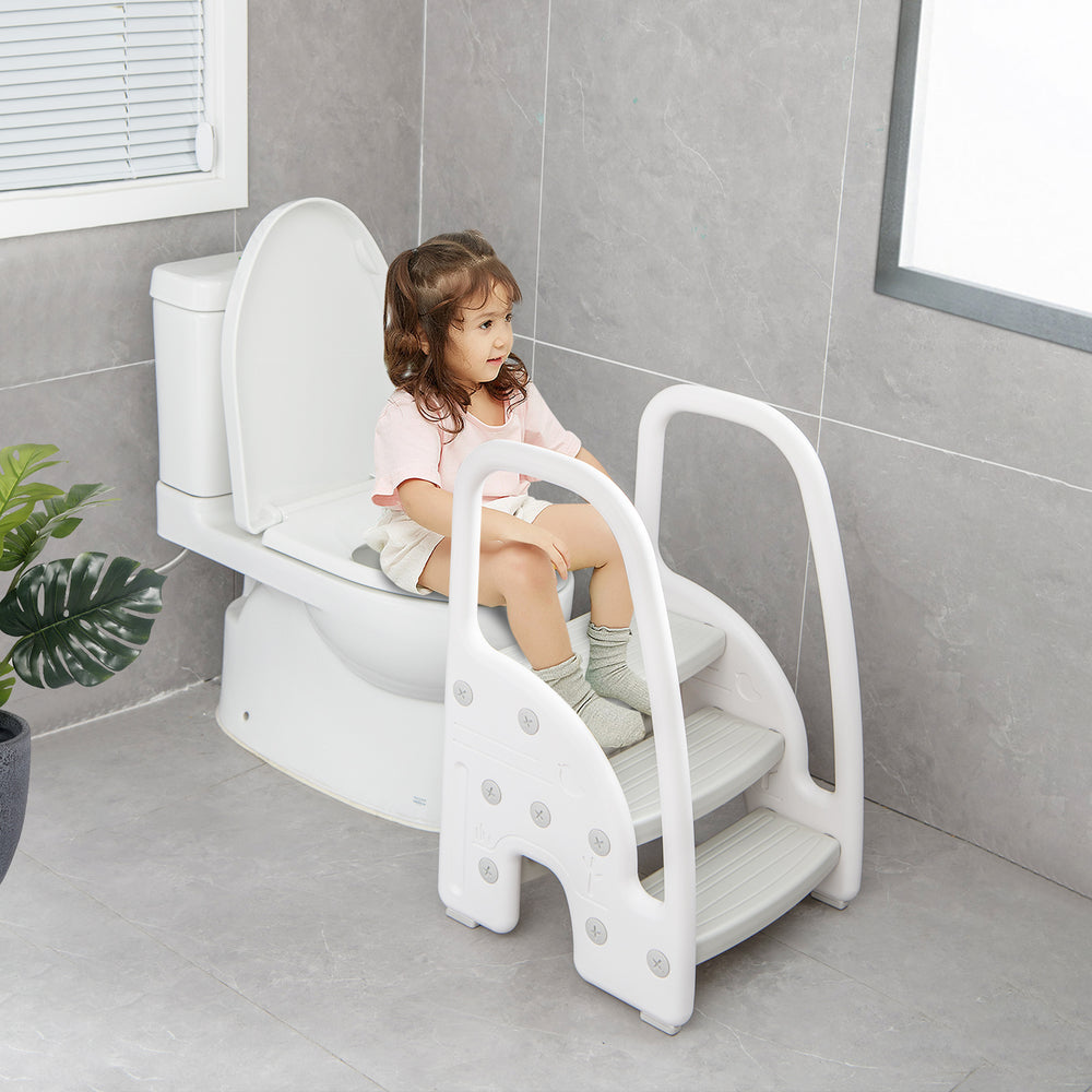3-step stool with safety handles and non-slip pedals for toddlers, ideal for potty training and kitchen use.