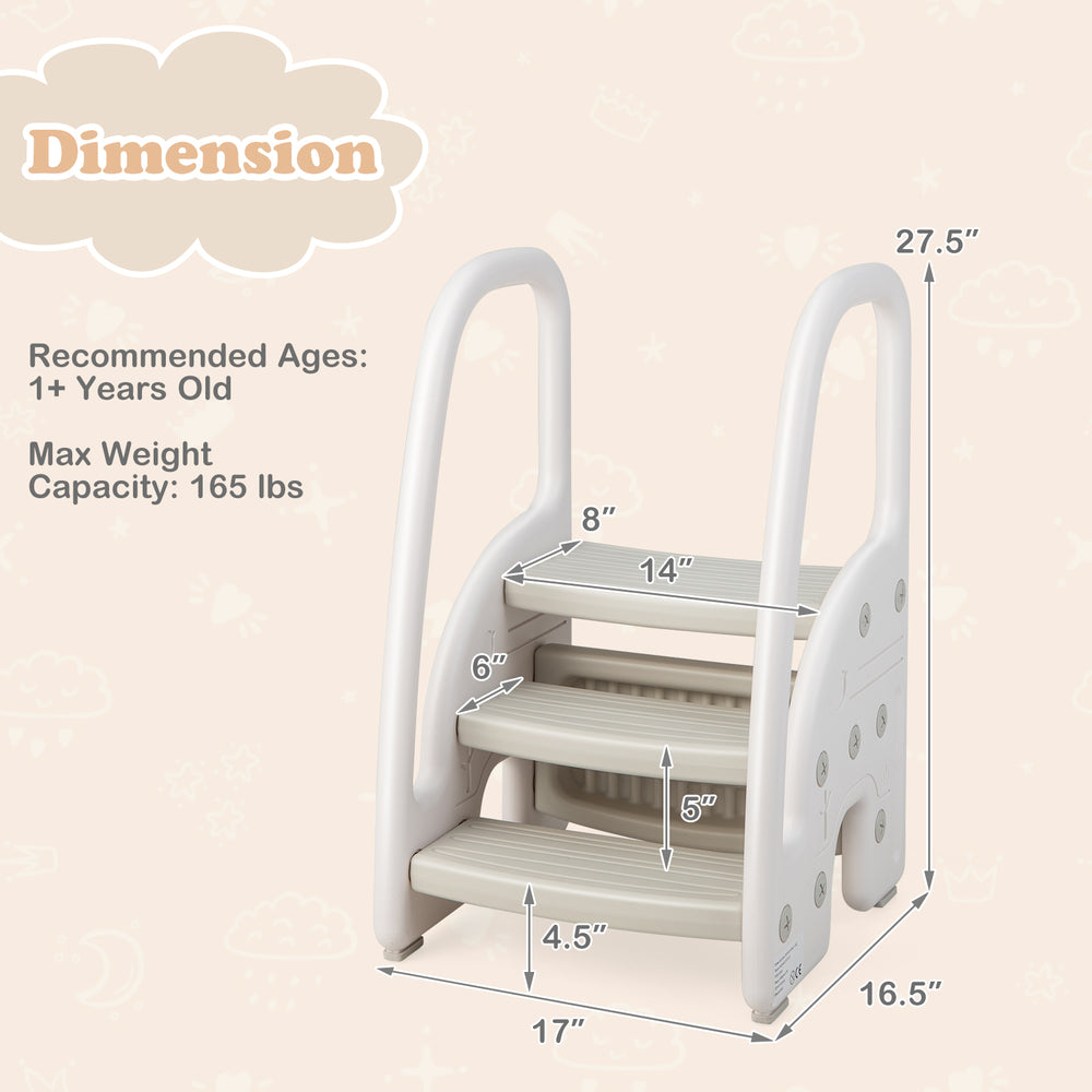3-step stool with safety handles and non-slip pedals in gray, ideal for toddlers and versatile for various uses.