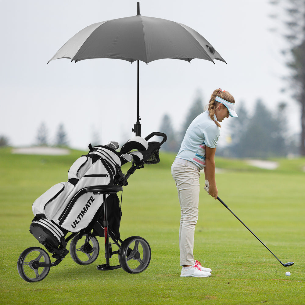 3-wheel gray folding golf push cart with adjustable handle, seat, and umbrella holder for easy maneuverability on the.