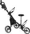 3-wheel folding golf push cart with adjustable handle and seat, featuring a sturdy steel frame and large storage bag.