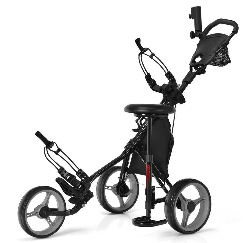 3 wheels folding golf push cart with adjustable handle and seat, featuring a sturdy steel frame and large storage bag.