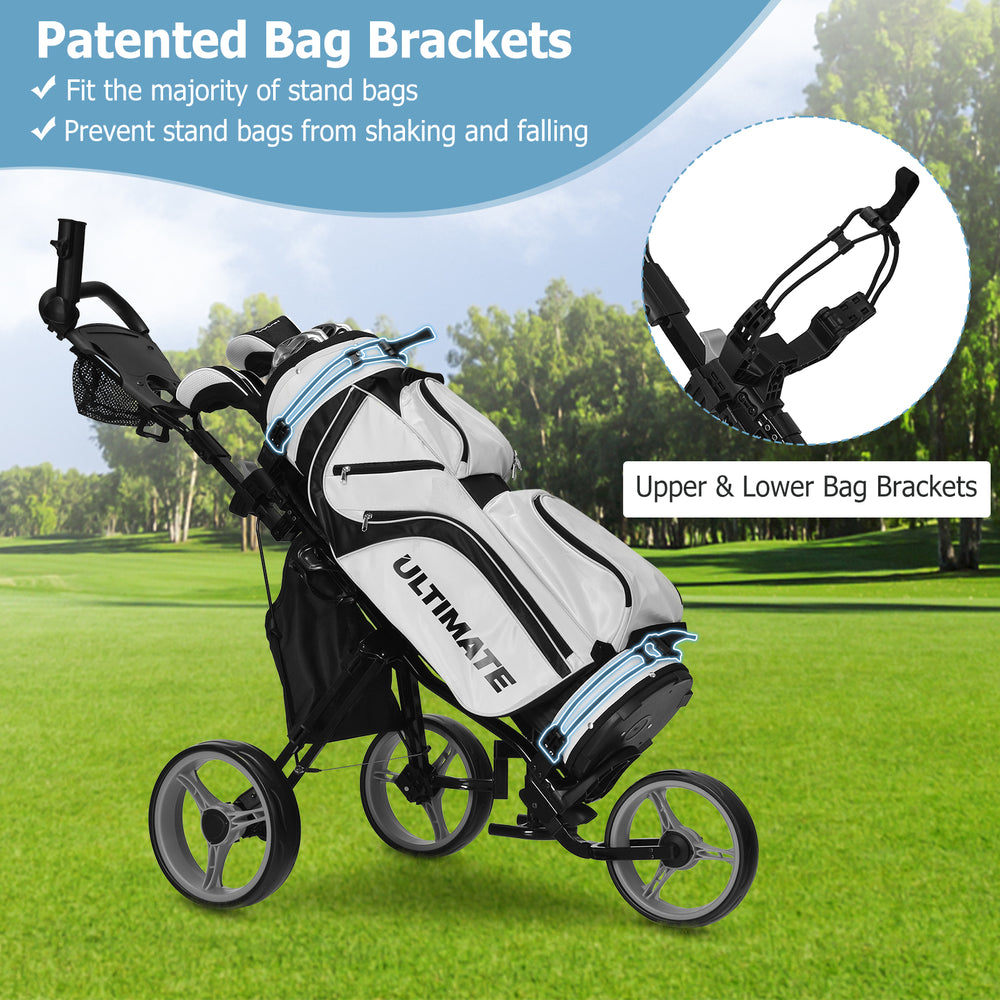 Three-wheeled gray golf push cart with adjustable handle, seat, and patented bag brackets for stability on the course.