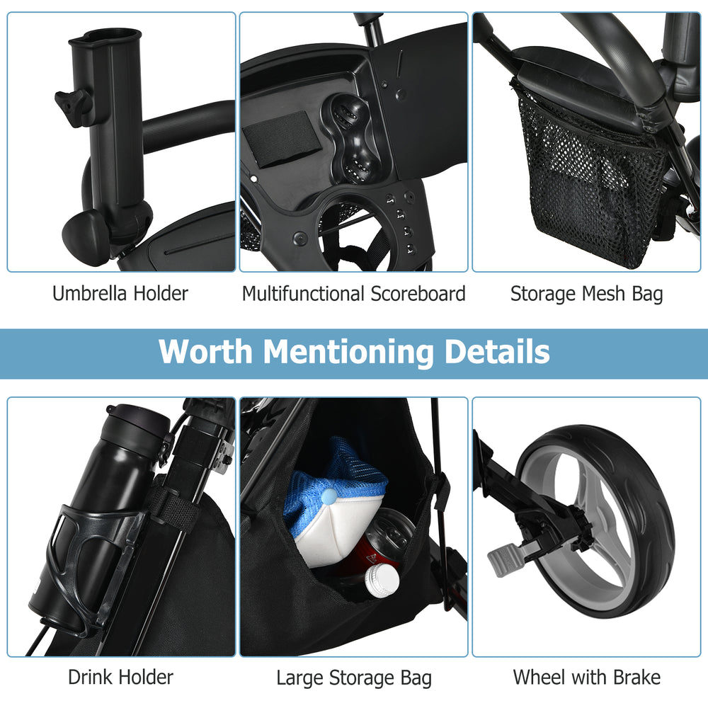 Close-up of the adjustable handle and drink holder on the gray 3 wheels folding golf push cart with storage bag.