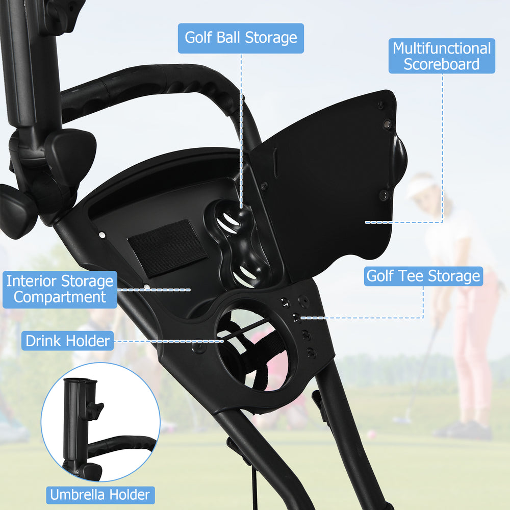 Folding 3 wheels golf push cart features storage compartments, drink holder, and multifunctional scoreboard for.