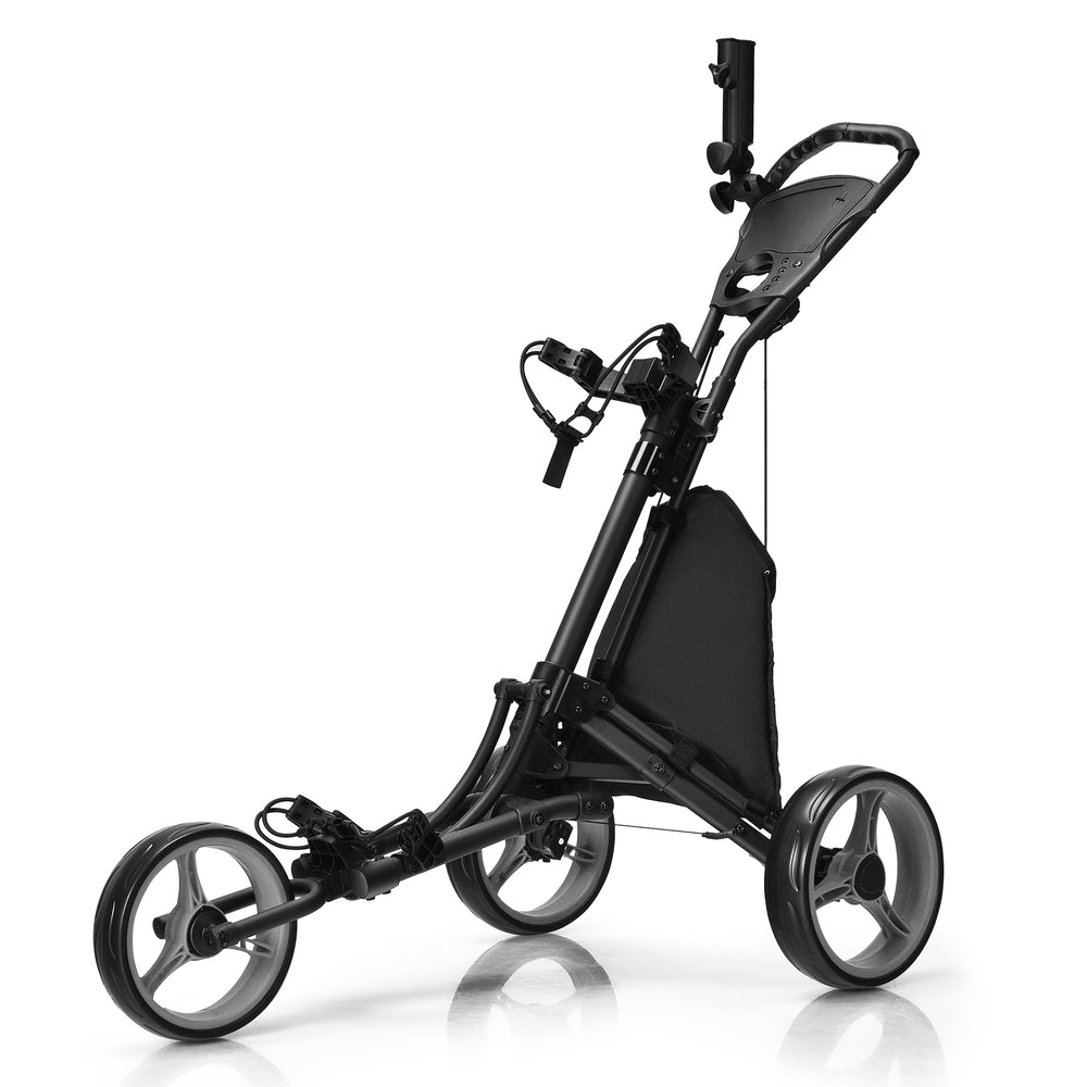 Folding 3 wheels golf push cart in gray with adjustable handle, storage bag, and cup holder for easy transport.