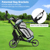 Folding 3-wheels golf push cart in gray with adjustable handle, featuring patented bag brackets for stability and.