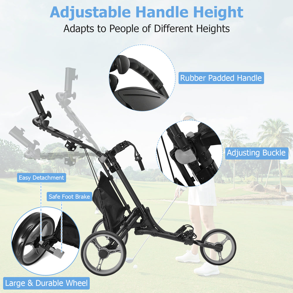 Folding 3 wheels golf push cart with adjustable handle, featuring durable aluminum, cup holder, and easy detachment.