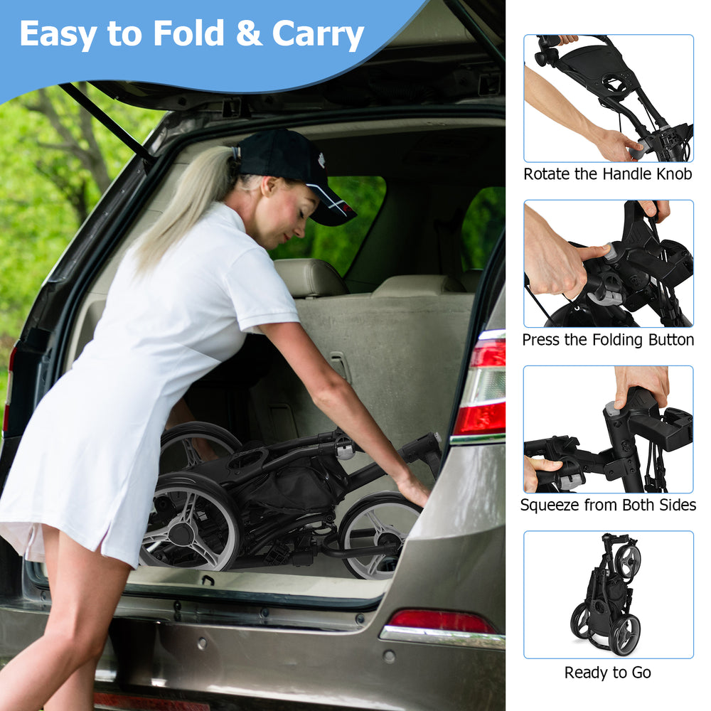 Folding 3 wheels golf push cart in gray with removable wheels, adjustable handle, and storage bag for easy transport.