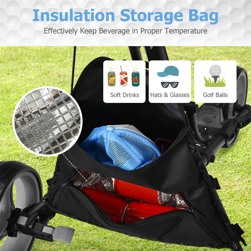 Insulation storage bag of the gray folding 3 wheels golf push cart, holding drinks and accessories for convenience.