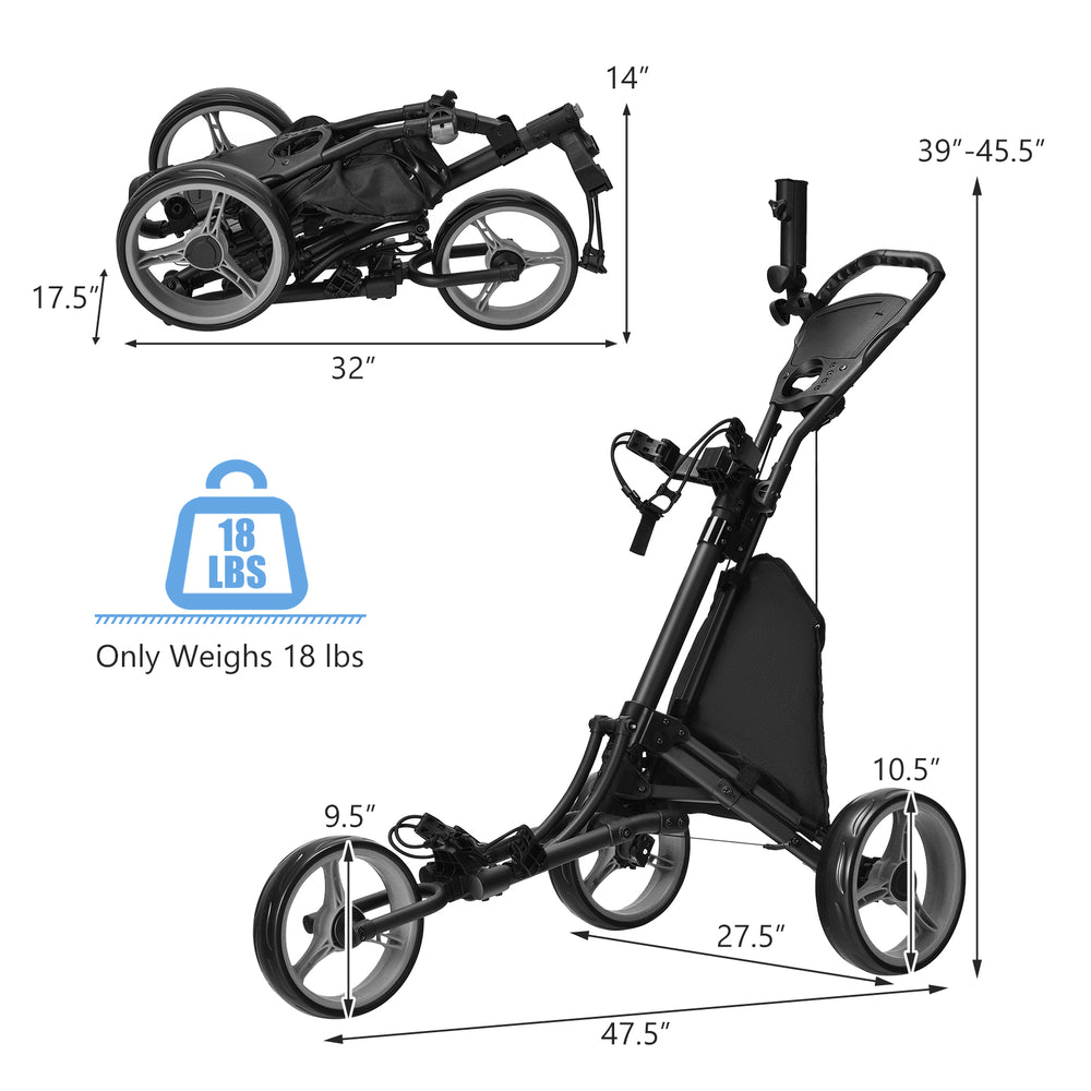 Folding 3 wheels golf push cart in gray with adjustable handle, lightweight aluminum, and compact folding design.