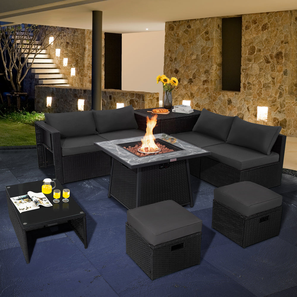 9 Pieces Outdoor Wicker Sectional with 35 Inch Gas Fire Pit Table-Gray - Gallery View 1 of 10