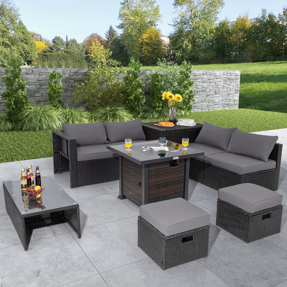 9 Pieces Patio Furniture Set with 32” Fire Pit Table and 50000 BTU Square Propane Fire Pit-Gray - Gallery View 1 of 13