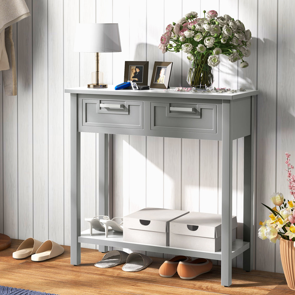 Narrow Console Table with Drawers and Open Storage Shelf-Gray - Gallery View 1 of 10