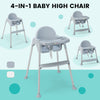 Gray 4-in-1 convertible baby high chair with removable double tray, featuring safety harness and anti-skid backrest.