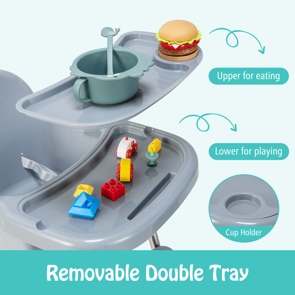 Removable double tray of a gray 4-in-1 convertible baby high chair, featuring upper tray for eating and lower tray for.