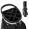 Golf cart bag featuring 14-way top dividers, gray polyester fabric, and multiple zippered pockets for organized storage.