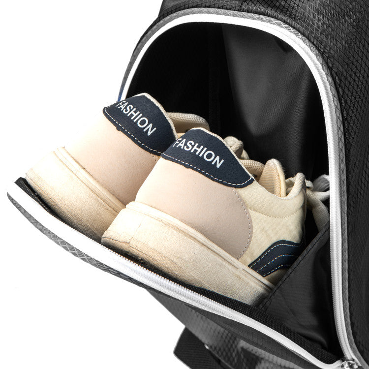 Golf cart bag in gray with 14-way top dividers and multiple zippered pockets for organized golfing equipment.