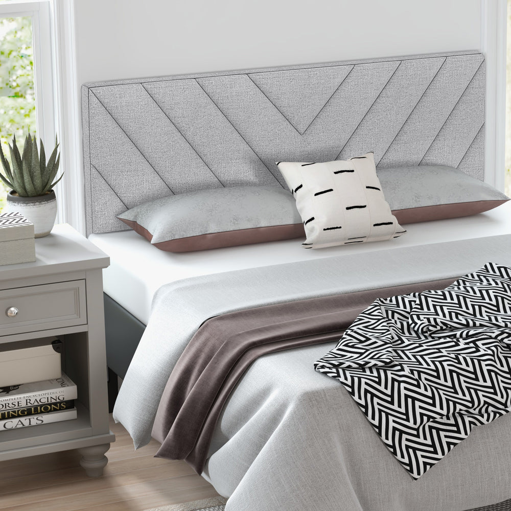 Gray linen upholstered headboard with sponge padding and rubber wood legs, perfect for full and queen size bed frames.