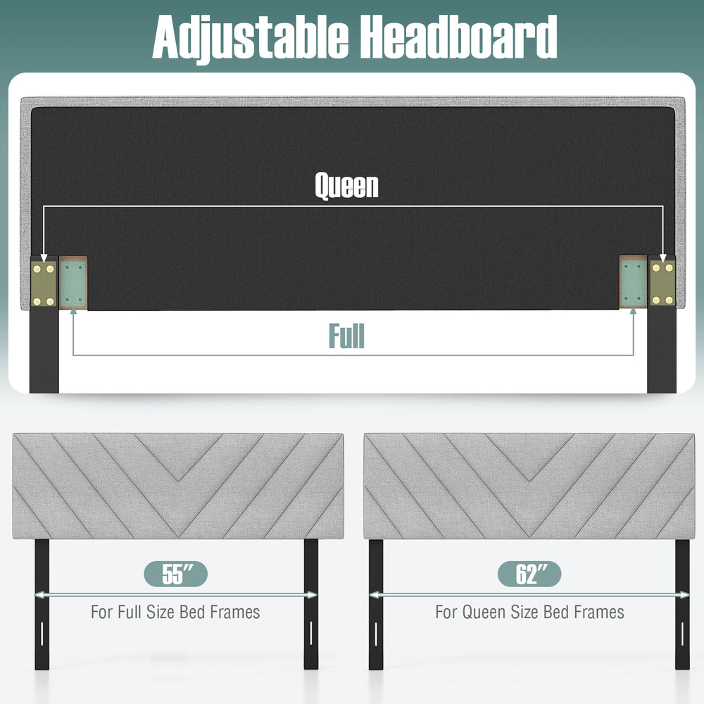 Adjustable gray linen upholstered headboard for full and queen size bed frames, featuring a modern design and sponge.