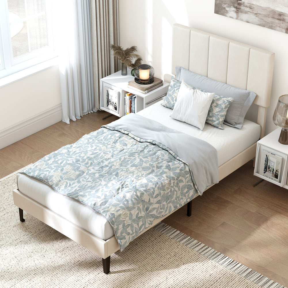 Gray Linen Upholstered Platform Bed with Height Adjustable Vertical Channel Headboard-Twin Size - Gallery View 1 of 10