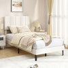 Gray linen upholstered twin platform bed with adjustable vertical channel headboard, featuring elegant design and.