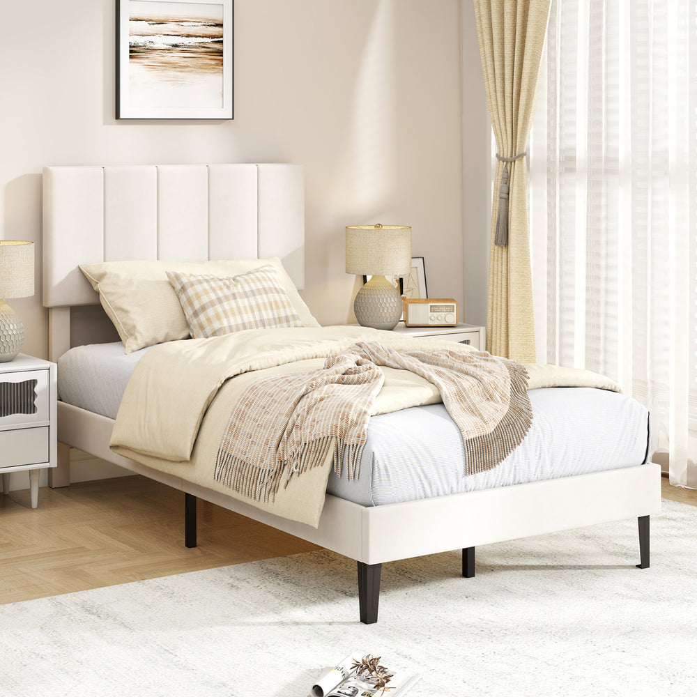 Gray linen upholstered twin platform bed with adjustable vertical channel headboard, featuring elegant design and.