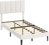 Gray linen upholstered platform bed frame with sturdy inclined legs and noise-free foam for enhanced support and.