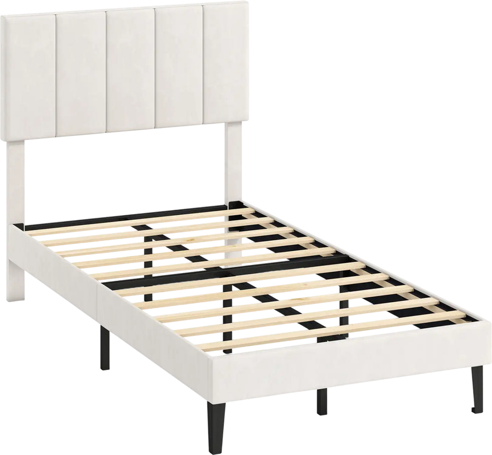 Gray linen upholstered platform bed frame with sturdy inclined legs and noise-free foam for enhanced support and.