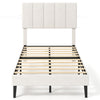 Gray linen upholstered twin platform bed with adjustable headboard and wooden slats for optimal comfort and support.