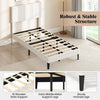 Gray linen upholstered platform bed frame with adjustable headboard, wooden slats, and sturdy metal support legs.
