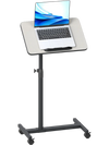 Gray overbed rolling table with adjustable height and 360° rotating tabletop, ideal for meals and laptop use.