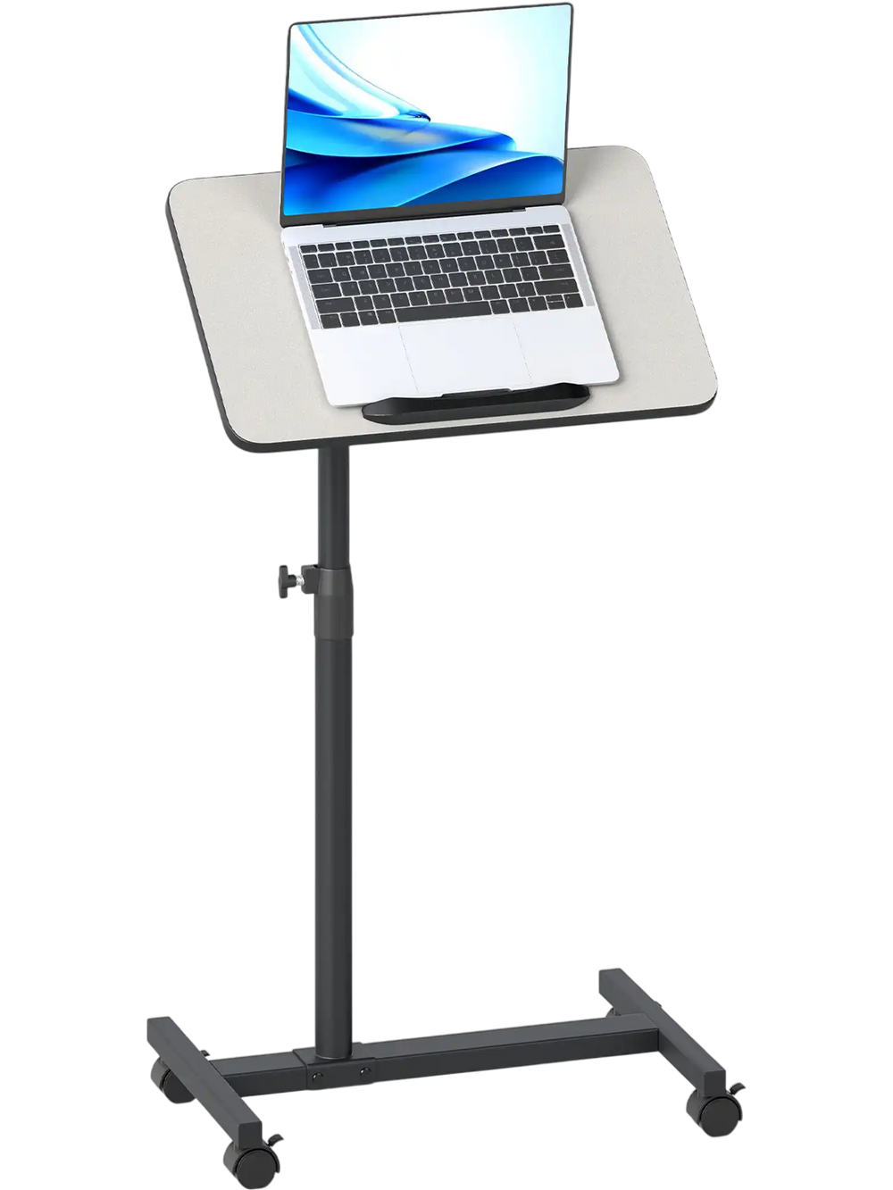 Gray overbed rolling table with adjustable height and 360° rotating tabletop, ideal for meals and laptop use.