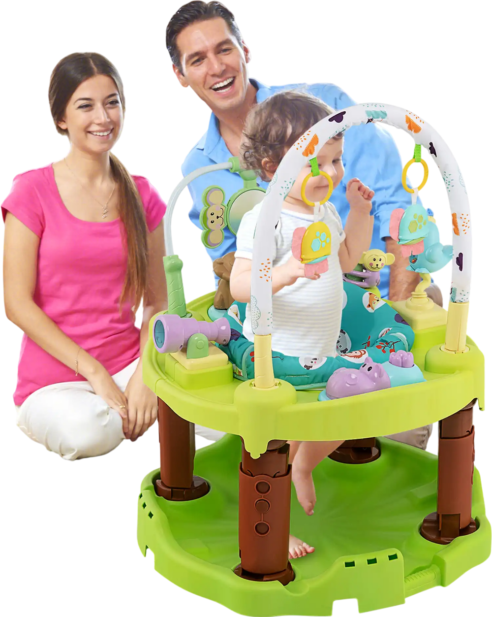 3-in-1 Baby Activity Center in green with bouncing chair and toys, promoting development for infants up to 24 months.