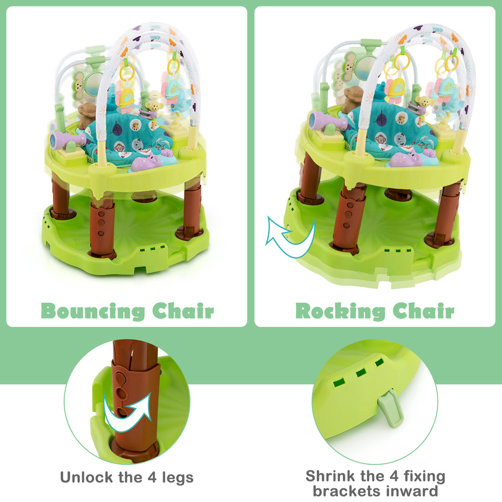 3-in-1 baby activity center in green, shown in bouncing mode with cute toys, promoting all-round development for.