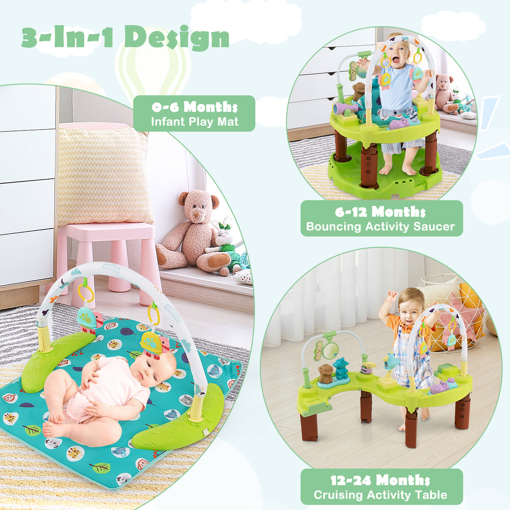 3-in-1 baby activity center in green, featuring a play mat, bouncing chair, and activity table for ages 0-24 months.