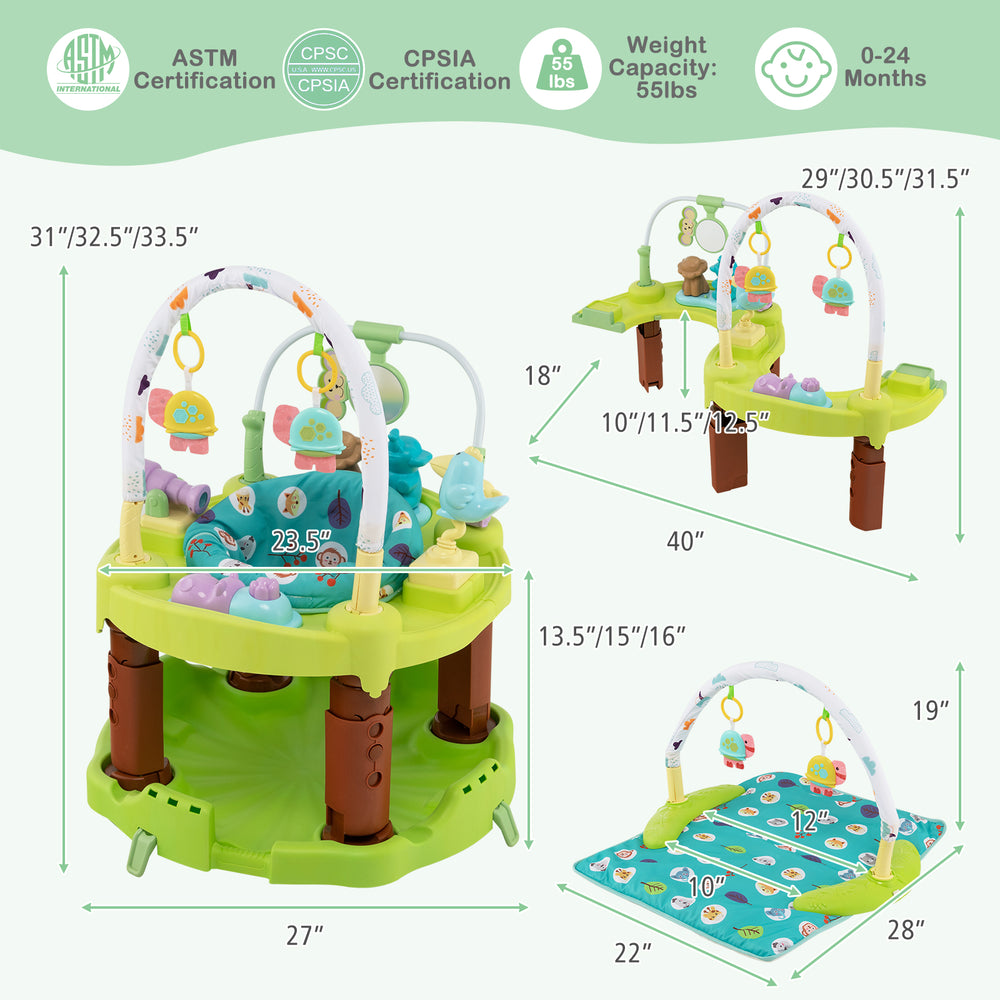 3-in-1 baby activity center in green, featuring a bouncing chair, play mat, and activity table for 0-24 months.