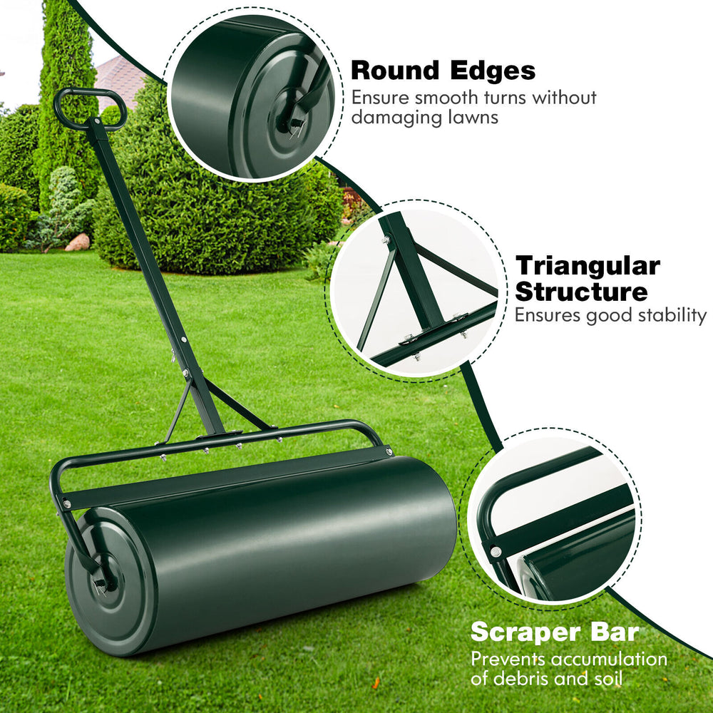 Metal lawn roller with detachable gripping handle, 17-gallon capacity, designed for stability and easy maneuvering in.