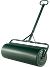 Metal lawn roller in green with detachable gripping handle, designed for easy push, pull, or tow behind a tractor.