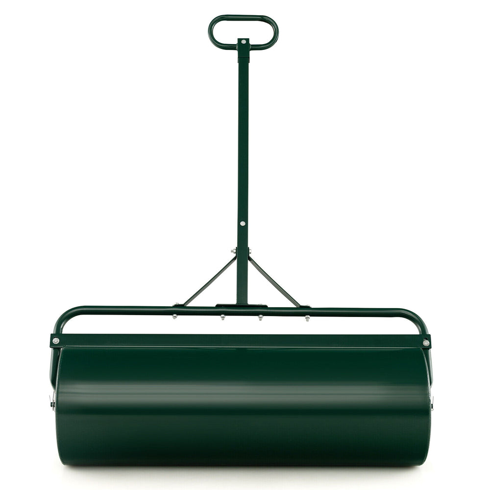 Metal lawn roller with detachable gripping handle, featuring a large 17-gallon capacity for effective lawn leveling and.