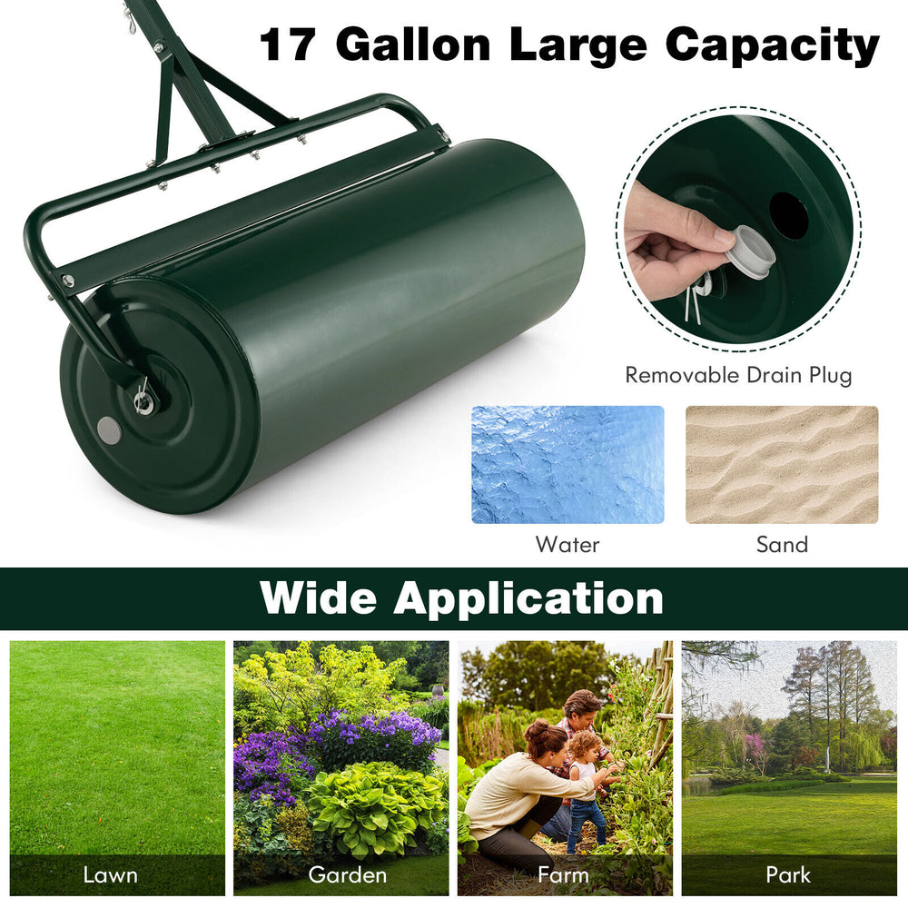 Metal lawn roller in green with detachable handle, 17-gallon capacity for yard, garden, or farm use.