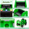 Green 12V kids ride-on garbage truck with realistic design, wide seat, safety belt, and cup holder for fun recycling.